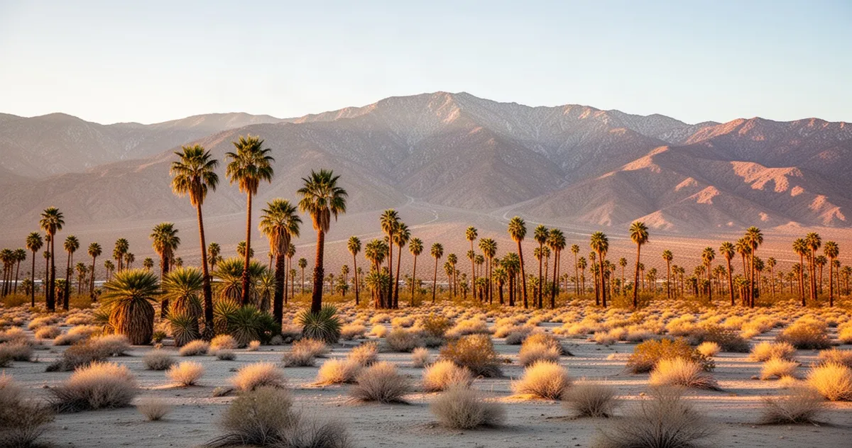 Pustynny krajobraz w okolicach Palm Springs z palmami i górami w tle