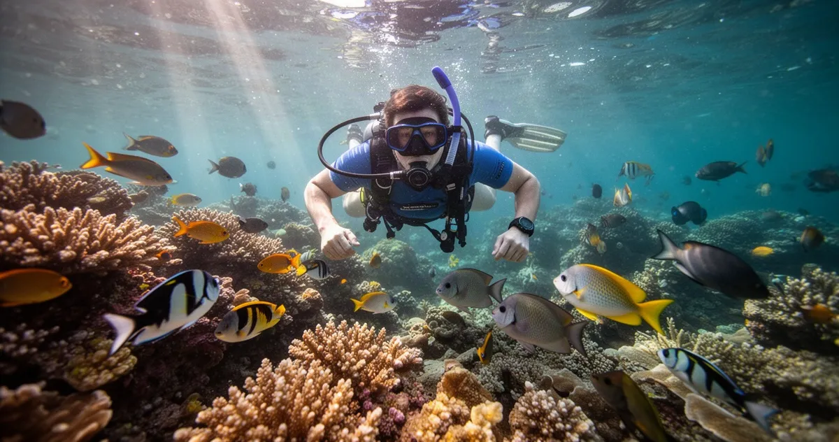 Osoba snorkelująca nad kolorową rafą koralową