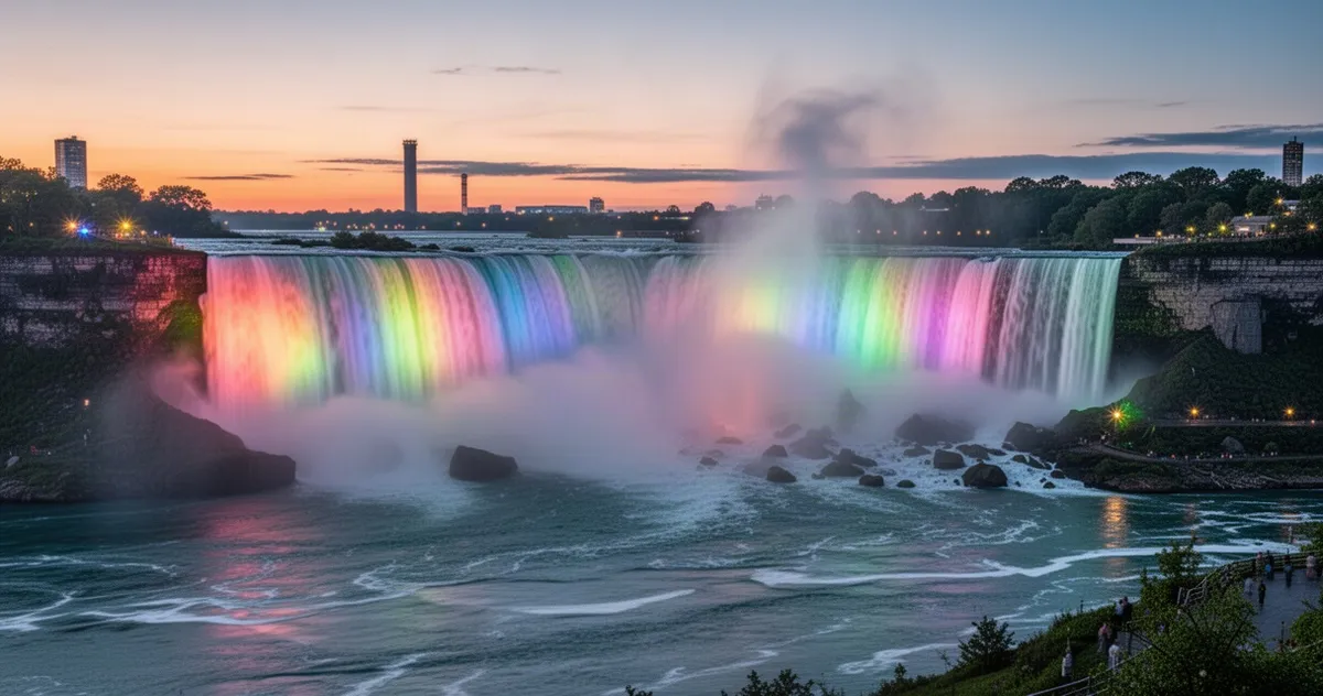 Wodospad Niagara oświetlony wieczorną iluminacją
