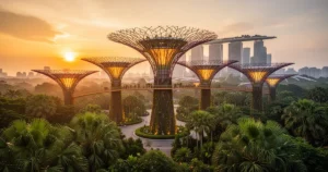 Futurystyczne konstrukcje Supertree Grove w Singapurze o zachodzie słońca z bujną roślinnością na pierwszym planie.