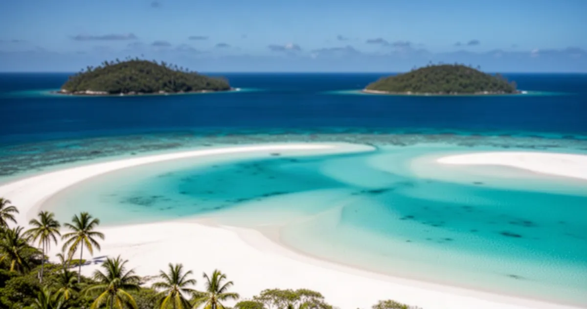 Turkusowa laguna i białe piaszczyste plaże Whitehaven Beach w Australii, w tle zielone wyspy i błękitny ocean.