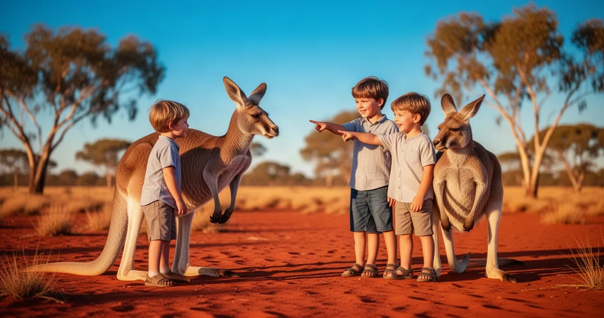 Rodzina z dwójką dzieci wskazuje na kangura w australijskim outbacku przy czerwonym piasku i drzewach eukaliptusowych.