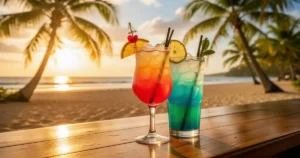 Kolorowy koktajl na drewnianym barze plażowym na tle złotej plaży i palm o zachodzie słońca.
