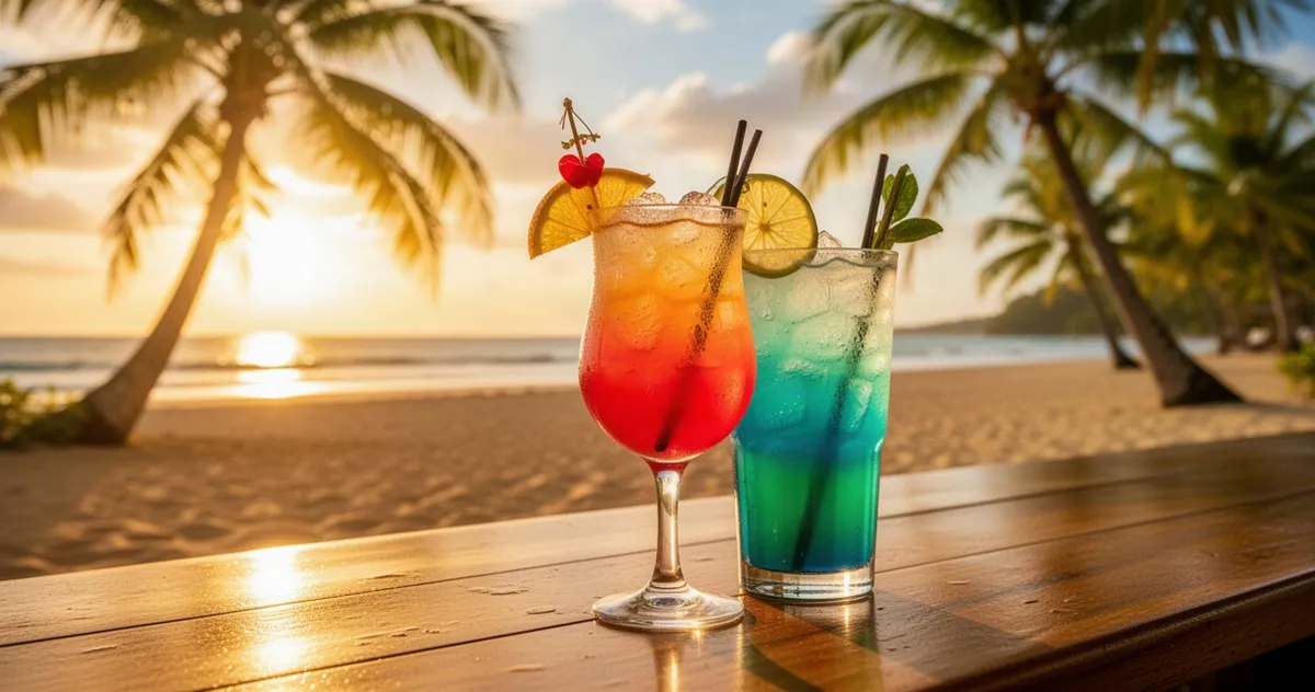 Kolorowy koktajl na drewnianym barze plażowym na tle złotej plaży i palm o zachodzie słońca.