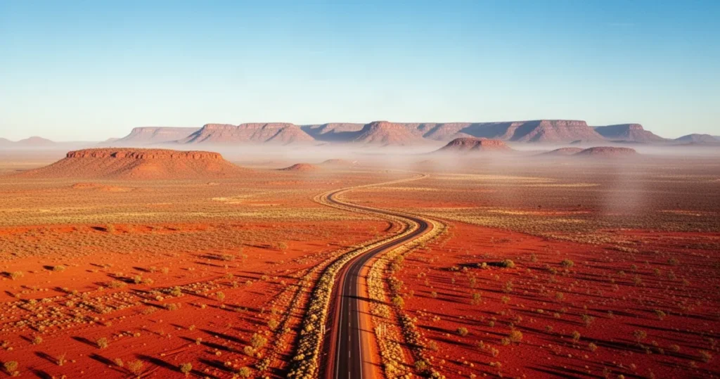 Widok z lotu ptaka na rozległy, czerwony krajobraz australijskiego outbacku z krętą drogą prowadzącą ku horyzontowi.