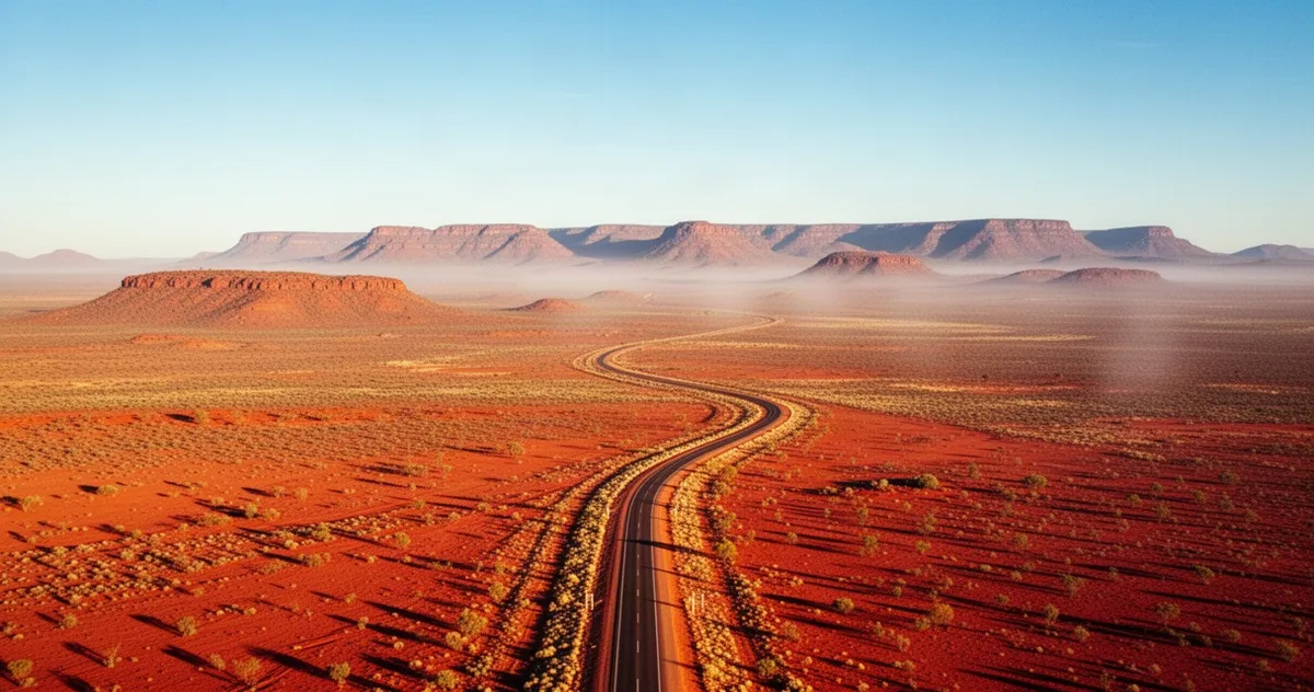 Widok z lotu ptaka na rozległy, czerwony krajobraz australijskiego outbacku z krętą drogą prowadzącą ku horyzontowi.