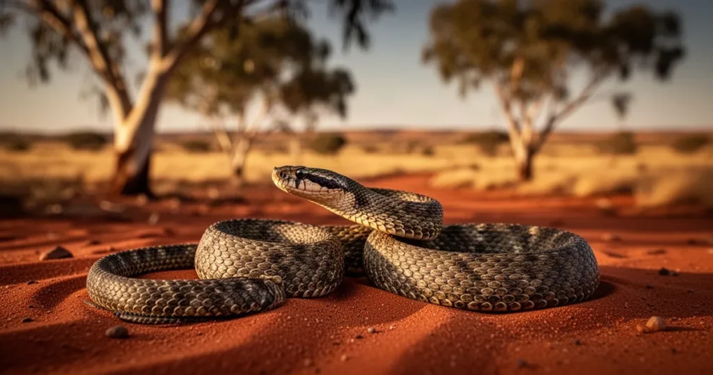 Jadowity wąż zwinięty na czerwonym pustynnym piasku w Australii, w tle rozmyty krajobraz z drzewami eukaliptusowymi.