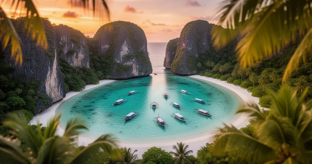 Turkusowa laguna w El Nido otoczona wapiennymi klifami i piaszczystymi plażami z tradycyjnymi łodziami o zachodzie słońca.