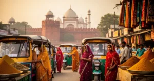 Tętniąca życiem ulica w Delhi z rikszami i mieszkańcami w tradycyjnych strojach na tle zabytkowej architektury w złotym świet