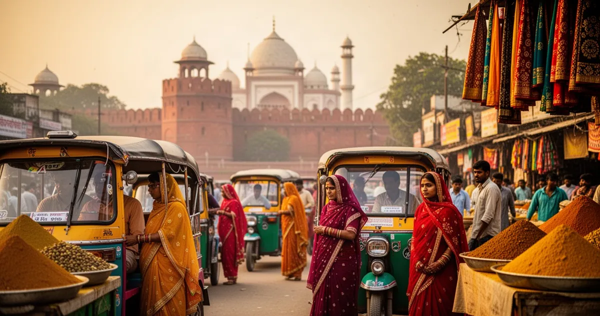 Tętniąca życiem ulica w Delhi z rikszami i mieszkańcami w tradycyjnych strojach na tle zabytkowej architektury w złotym świet