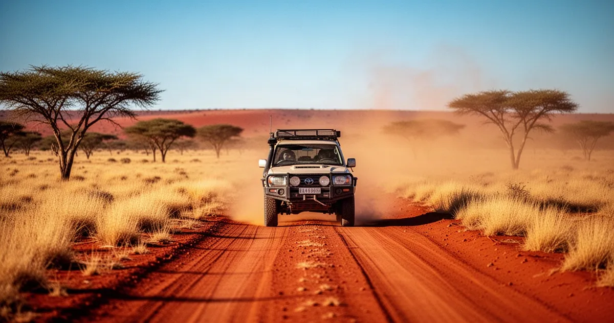 Terenowy samochód 4x4 jadący piaszczystą drogą przez czerwoną australijską pustynię w pełnym słońcu.