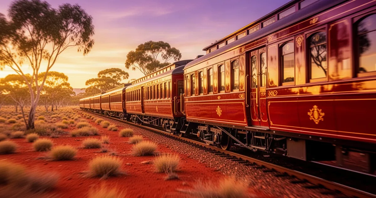 Luksusowy pociąg w stylu vintage w odcieniach czerwieni i złota przejeżdżający przez australijski pustynny krajobraz o zachod