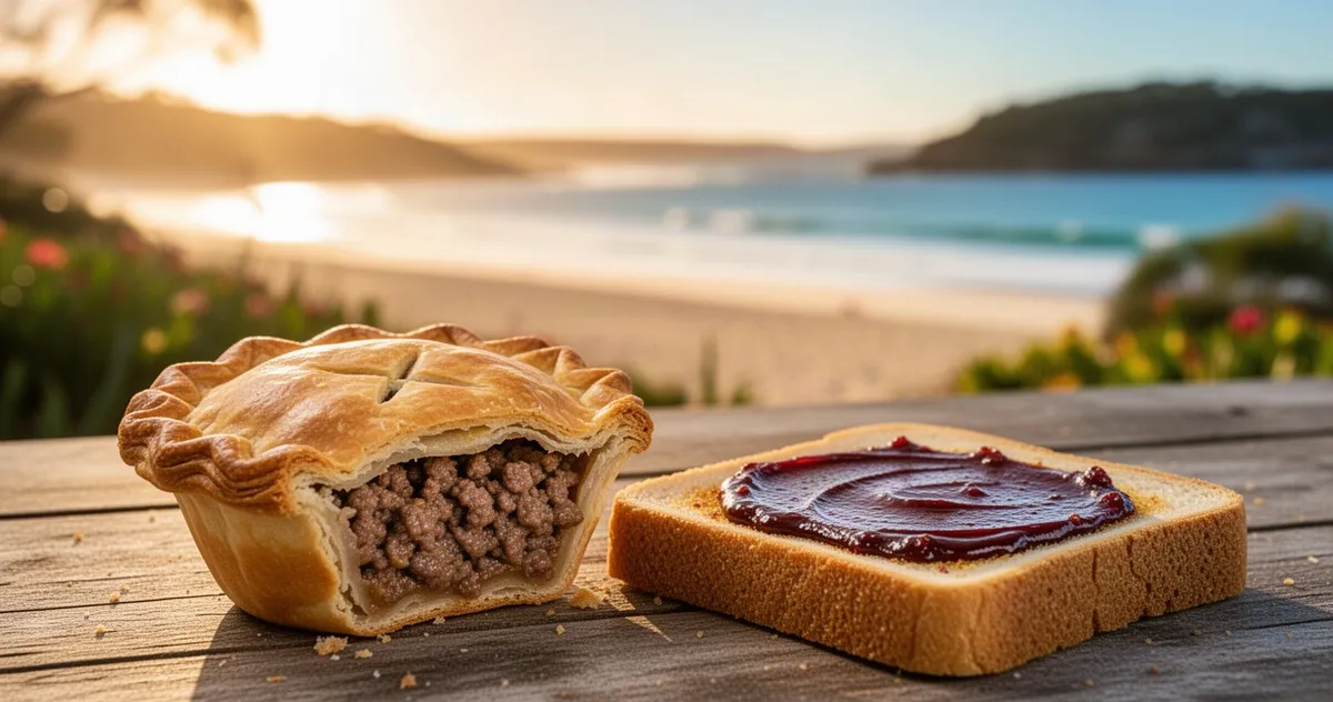 Australijskie ciastko mięsne i tost z vegemite na drewnianym stole na tle słonecznej plaży w Australii.