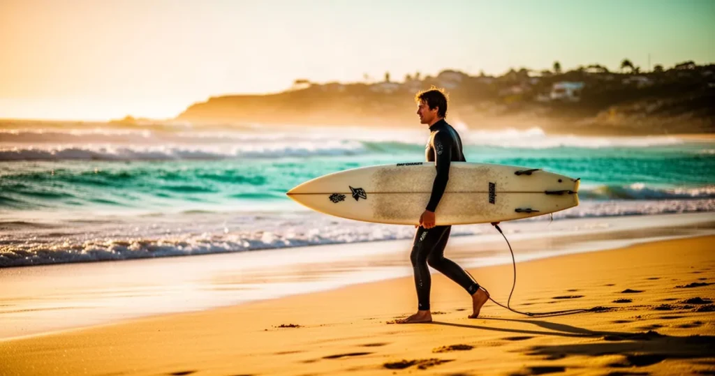 Profesjonalny surfer ze swoją deską na złocistej plaży w Australii o wschodzie słońca, z turkusowymi falami w tle.