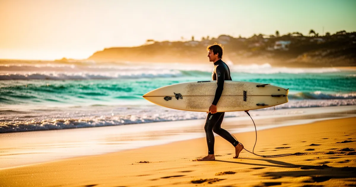 Profesjonalny surfer ze swoją deską na złocistej plaży w Australii o wschodzie słońca, z turkusowymi falami w tle.