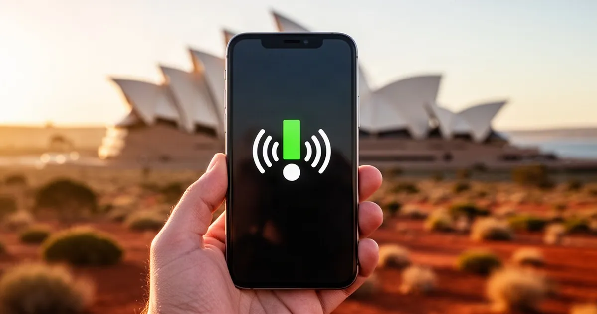 Dłoń trzymająca smartfon z ikoną zasięgu sieci na tle rozmytego krajobrazu Australii w świetle zachodzącego słońca.