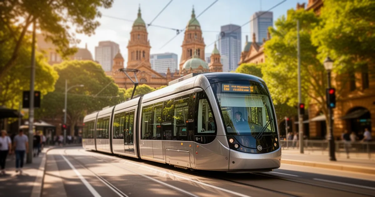 Nowoczesny tramwaj przejeżdżający przez nasłonecznioną ulicę w Sydney na tle miejskiej architektury i zieleni.