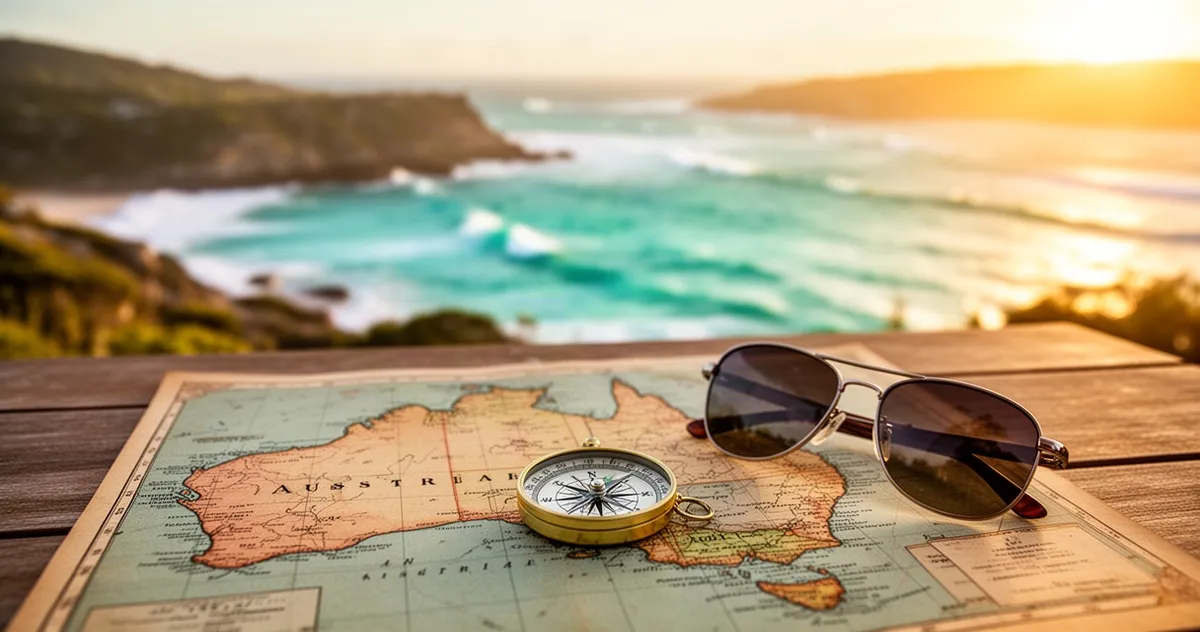 Vintage mapa Australii, kompas i okulary przeciwsłoneczne na drewnianym stole na tle słonecznego wybrzeża.