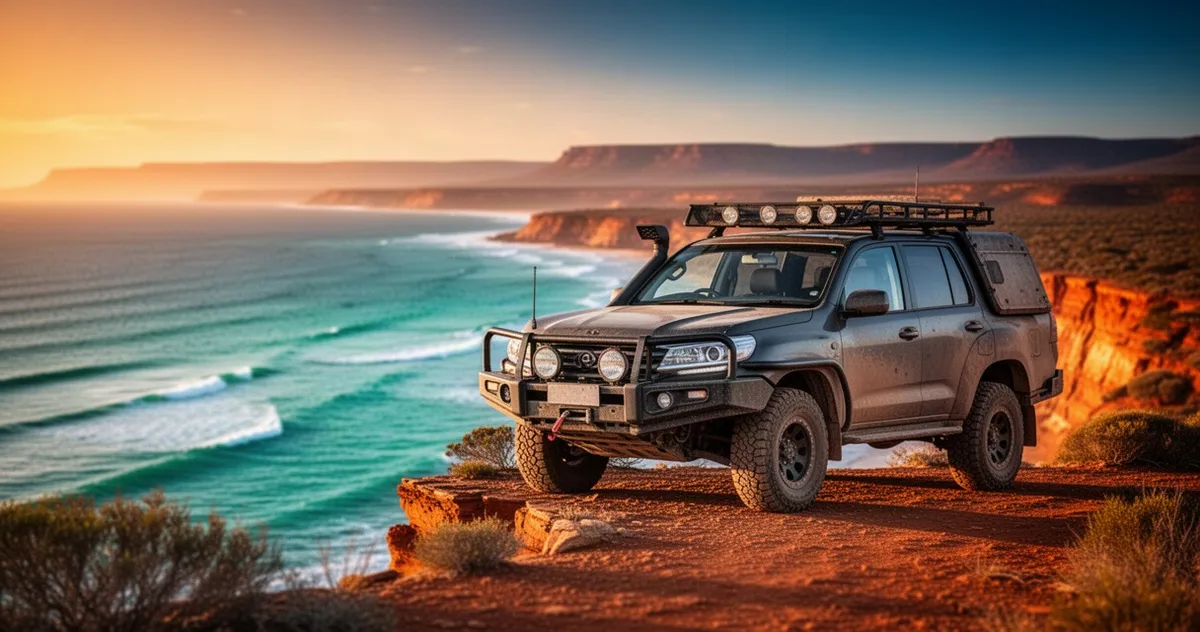 Terenowy samochód 4x4 zaparkowany na klifie z widokiem na turkusowy ocean podczas malowniczego zachodu słońca w Australii.