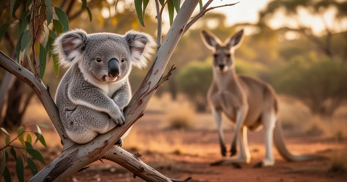 Koala odpoczywająca na gałęzi eukaliptusa z kangurem w tle w nasłonecznionym australijskim buszu.