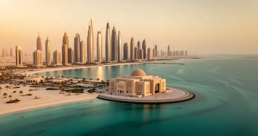 Nowoczesna panorama Doha z Muzeum Sztuki Islamskiej nad turkusowymi wodami Zatoki Perskiej w świetle zachodzącego słońca.