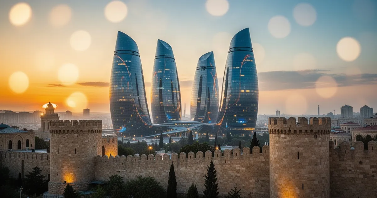 Futurystyczne Flame Towers w Baku górujące nad zabytkowymi murami Starego Miasta podczas złotego zachodu słońca.