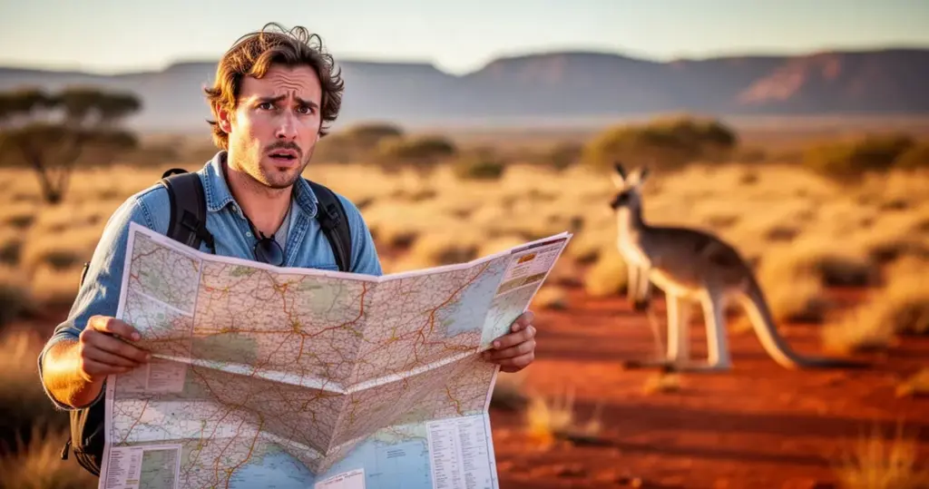 Zdezorientowany turysta z rozłożoną mapą papierową na tle krajobrazu australijskiego buszu z kangurem w oddali.