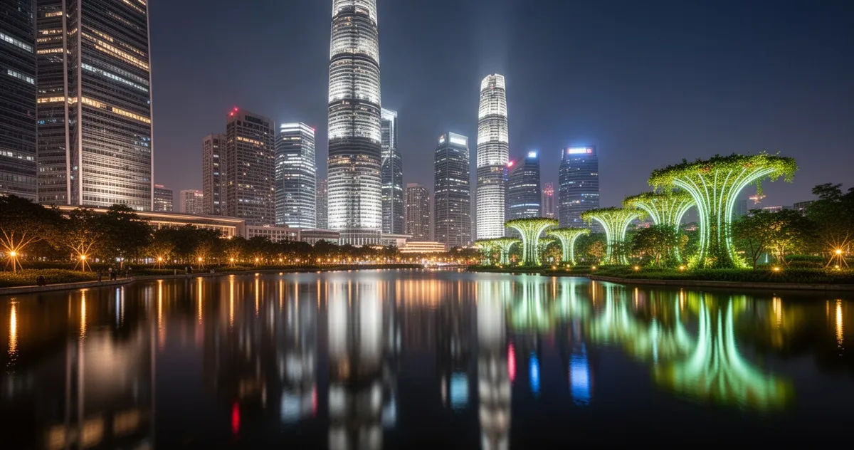 Oświetlona panorama Singapuru nocą nad zatoką