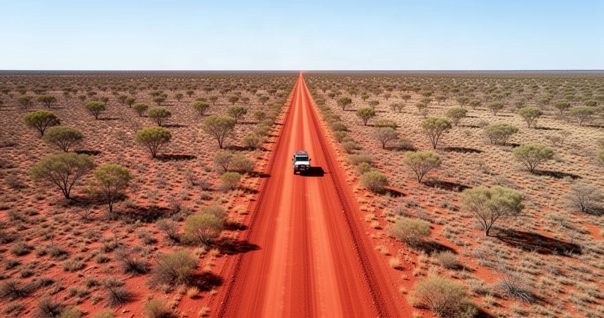 Samotna droga gruntowa przez australijski outback z daleka widocznym samochodem terenowym