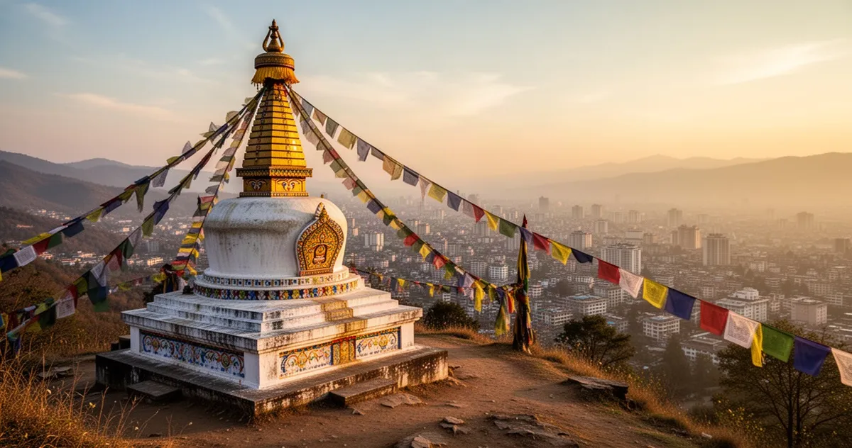 Buddyjska stupa na wzgórzu z widokiem na miasto