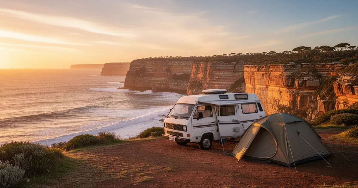 Kemping z widokiem na klif nad oceanem w Australii