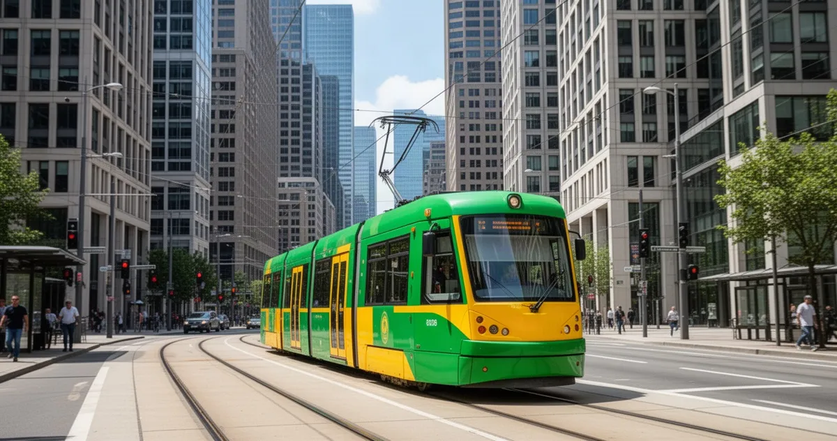 Tramwaj jadący ulicą w centrum dużego miasta