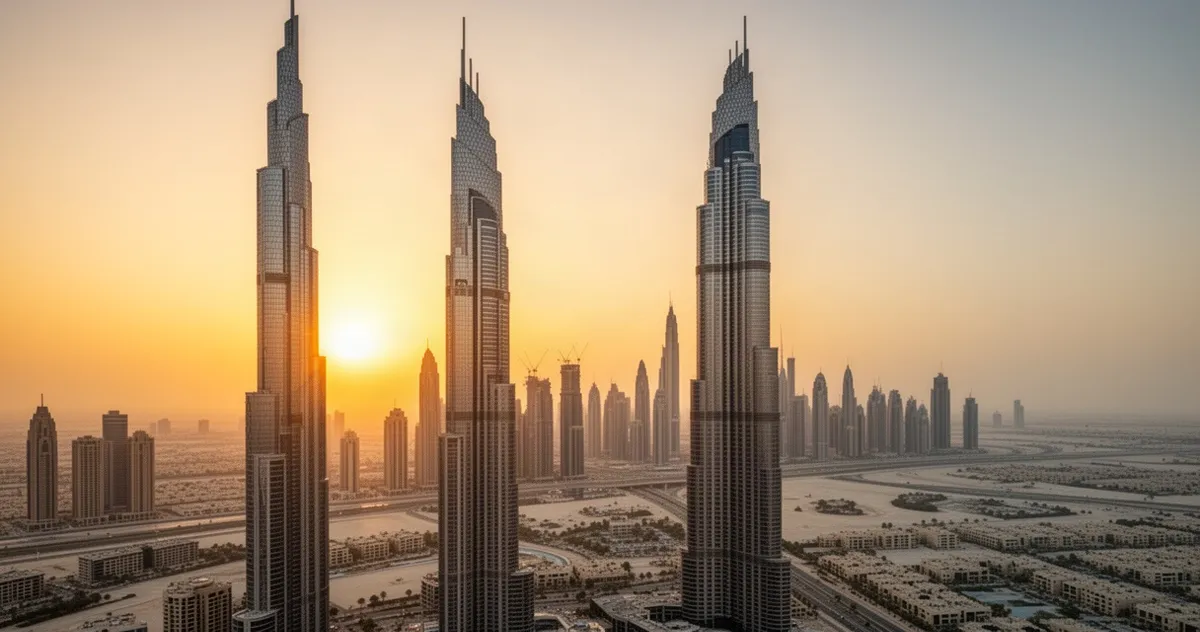 Panorama Dubaju z widokiem na wieżowce o zachodzie słońca
