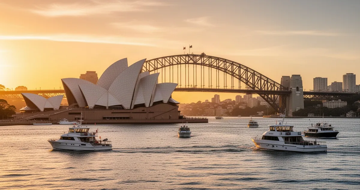Sydney Opera House i Harbour Bridge o zachodzie słońca