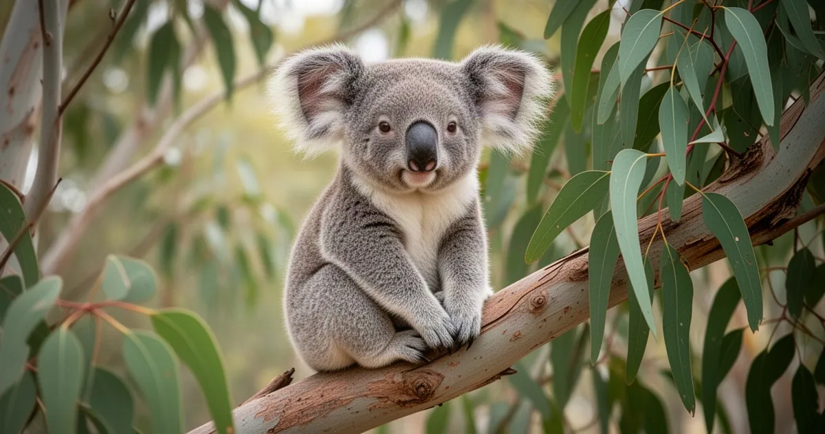 Koala siedząca na gałęzi drzewa eukaliptusowego