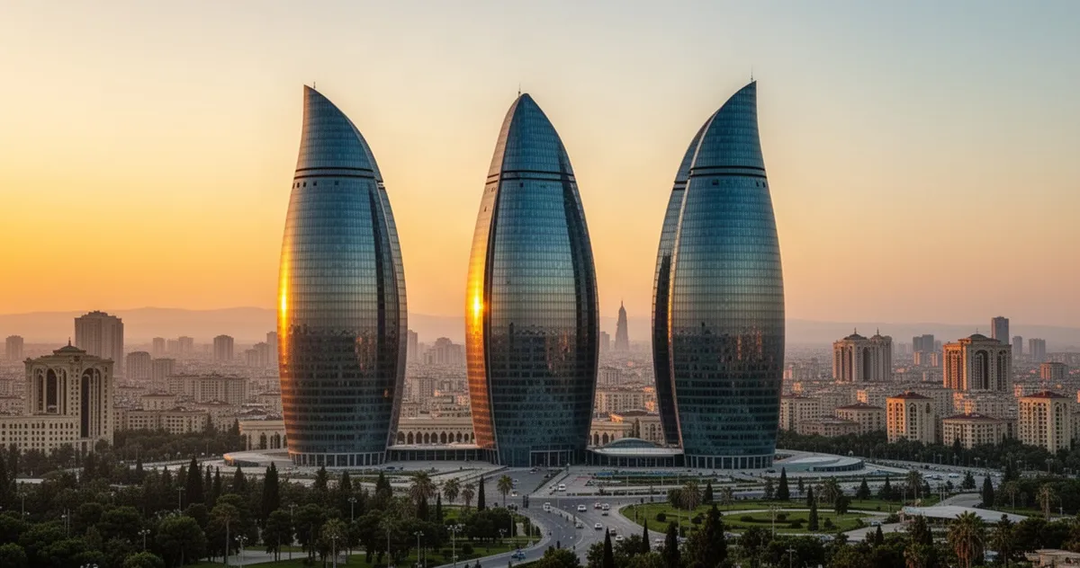 Ogniste Wieże w Baku na tle panoramy miasta
