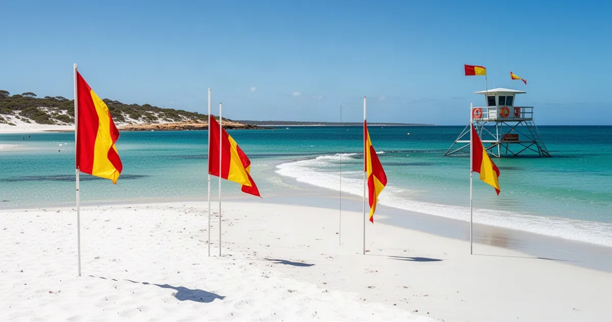 Australijska plaża z flagami wyznaczającymi strefę kąpieli