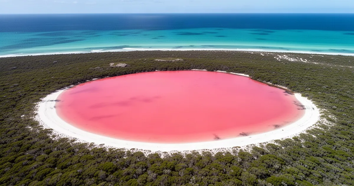 Różowe jezioro Lake Hillier na wyspie Middle Island