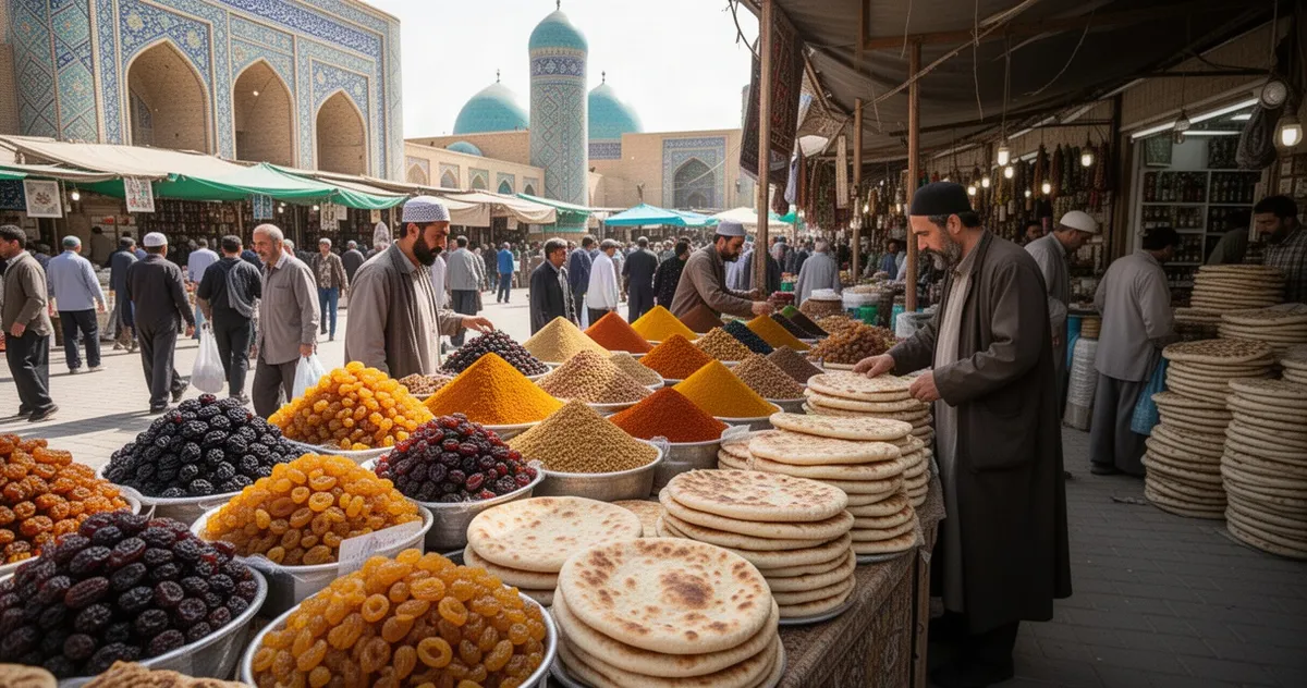 Bazar Siab w Samarkandzie ze straganami z suszonymi owocami i przyprawami